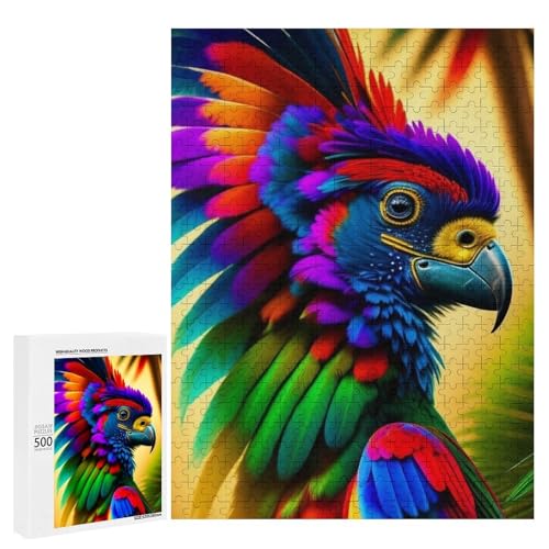 Ein bunter Papagei mit lebendigen Federn. 500 Teile Tierpuzzle aus Holz, klassisches Puzzle für Erwachsene von Generisch