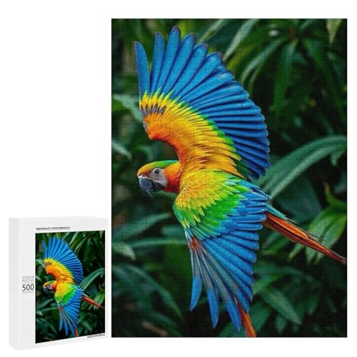 Ein bunter Papagei mit lebendigen blauen Flügeln, 500 Teile Tierpuzzle aus Holz, klassisches Puzzle für Erwachsene von Generisch