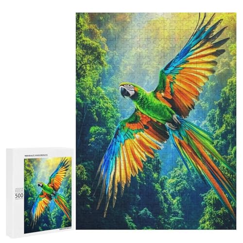 Ein bunter Papagei schwebt durch den üppigen Dschungel. 500 Teile Tierpuzzle aus Holz, klassisches Puzzle für Erwachsene von Generisch