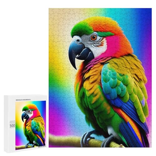 Ein bunter Papagei sitzt auf einem Ast vor einem Regenbogenhintergrund, 500 Teile Tier, klassisches Holzpuzzle für Erwachsene Ein bunter Papagei sitzt auf einem Ast vor einem Regenbogenhintergrund, 500 Teile Tier, klassisches Holzpuzzle für Erwachsene von Generisch