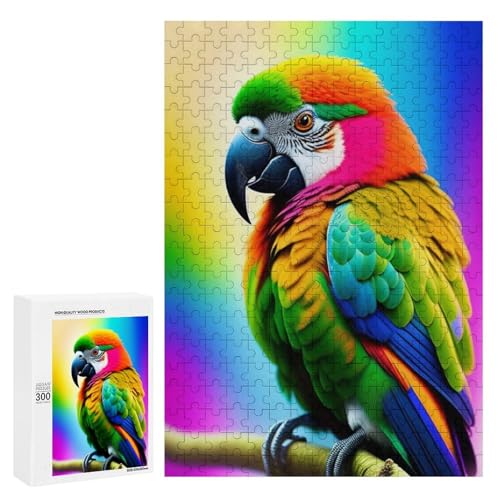 Ein bunter Papagei sitzt auf einem Ast vor einem Regenbogenhintergrund. 300 Teile, klassisches Holzpuzzle für Erwachsene von Generisch