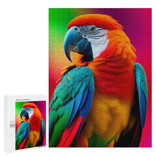 Ein bunter Papagei sitzt vor einem lebendigen Hintergrund. 500 Teile Tierpuzzle aus Holz, klassisches Puzzle für Erwachsene von Generisch