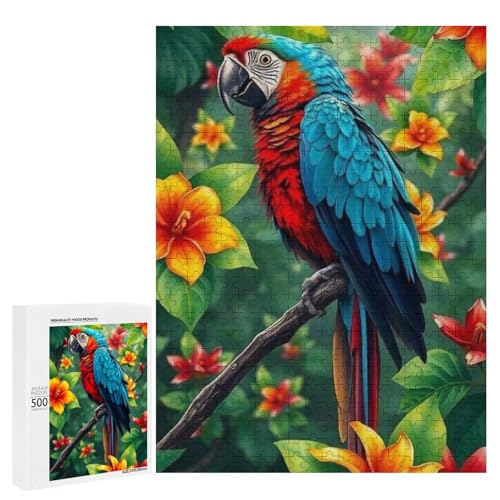 Ein bunter Papageien-Sitzstangen inmitten lebendiger Blumen. 500 Teile Tierpuzzle aus Holz, klassisches Puzzle für Erwachsene Ein bunter Papageien-Sitzstangen inmitten lebendiger Blumen. 500 Teile Tierpuzzle aus Holz, klassisches Puzzle für Erwachsene von Generisch