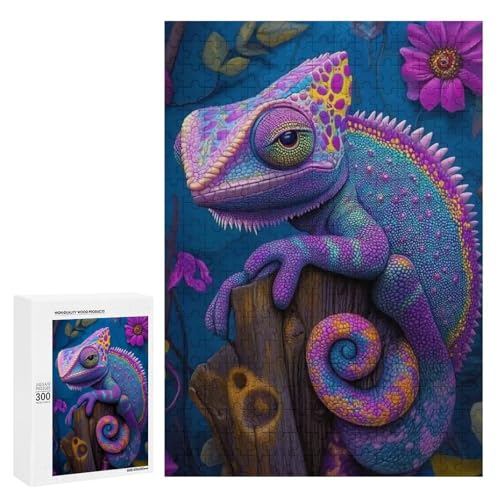 Ein buntes Chamäleon auf einem Baumstumpf. Klassisches Holzpuzzle für Erwachsene, 300 Teile von Generisch