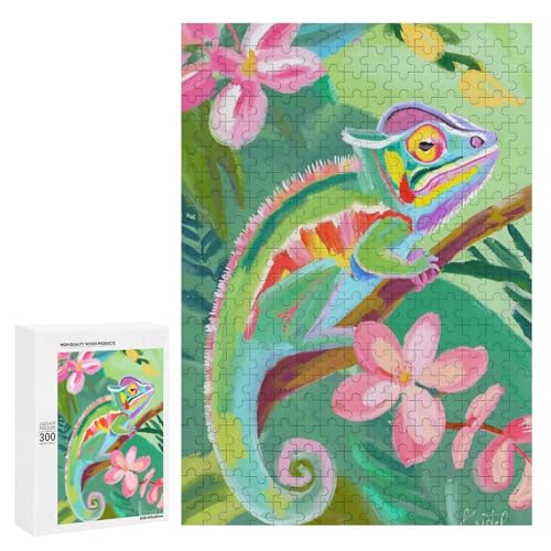 Ein buntes Chamäleon sitzt auf einem Ast, umgeben von lebendigen Blumen. Klassisches Holzpuzzle mit 300 Teilen für Erwachsene Ein buntes Chamäleon sitzt auf einem Ast, umgeben von lebendigen Blumen. Klassisches Holzpuzzle mit 300 Teilen für Erwachsene von Generisch