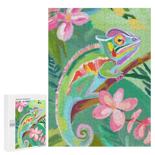 Ein buntes Chamäleon sitzt auf einem Ast, umgeben von lebendigen Blumen. Klassisches Holzpuzzle mit 500 Teilen für Erwachsene Ein buntes Chamäleon sitzt auf einem Ast, umgeben von lebendigen Blumen. Klassisches Holzpuzzle mit 500 Teilen für Erwachsene von Generisch