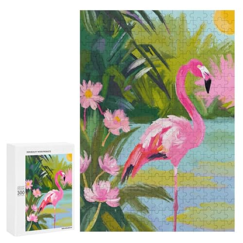 Ein charmanter Flamingo steht anmutig am Wasser. 300 Teile Tierpuzzle aus Holz, klassisches Holzpuzzle für Erwachsene von Generisch
