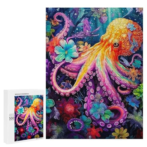 Ein farbenfroher Oktopus umgeben von lebendigen Blumen 500 Teile Tierpuzzle aus Holz für Erwachsene von Generisch