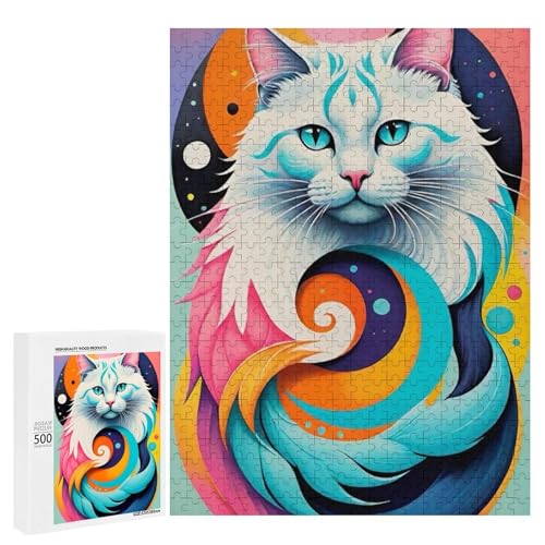 Ein farbenfrohes, abstraktes Gemälde einer Katze mit lebendigen Wirbeln und Mustern. 500 Teile Tierpuzzle aus Holz, klassisches Holzpuzzle für Erwachsene von Generisch