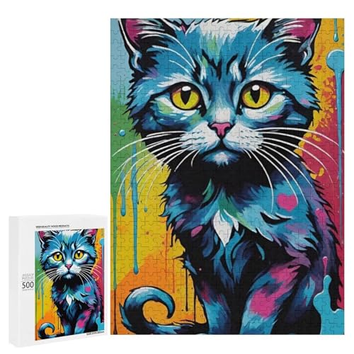 Ein farbenfrohes, künstlerisches Gemälde einer Katze. 500 Teile Tierpuzzle aus Holz, klassisches Puzzle für Erwachsene Ein farbenfrohes, künstlerisches Gemälde einer Katze. 500 Teile Tierpuzzle aus Holz, klassisches Puzzle für Erwachsene von Generisch