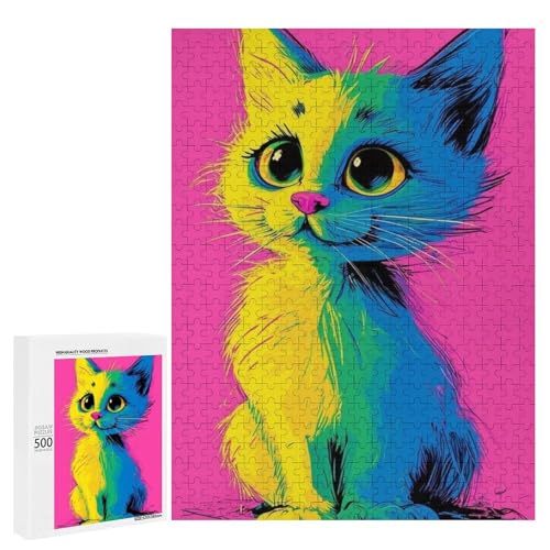 Ein farbenfrohes, regenbogengestreiftes Kätzchen sitzt vor einem leuchtend rosa Hintergrund, 500 Teile Tier, klassisches Holzpuzzle für Erwachsene Ein farbenfrohes, regenbogengestreiftes Kätzchen sitzt vor einem leuchtend rosa Hintergrund, 500 Teile Tier, klassisches Holzpuzzle für Erwachsene von Generisch