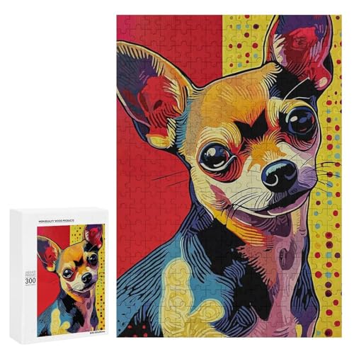 Ein farbenfrohes Gemälde eines fröhlichen Chihuahuas. 300 Teile Tier-Puzzle aus Holz, klassisches Holzpuzzle für Erwachsene von Generisch