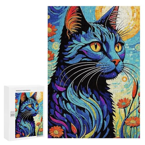 Ein farbenfrohes Mosaik einer Katze, umgeben von lebendigen Blumen unter einem Sternenhimmel. 300 Teile, klassisches Holzpuzzle für Erwachsene von Generisch