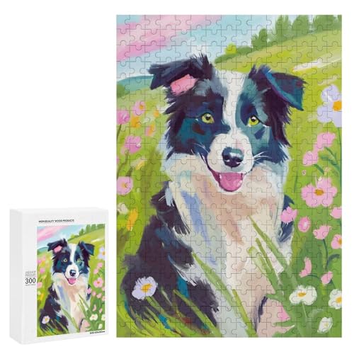Ein fröhlicher Hund in einem Blumenfeld. 300 Teile Tierpuzzle aus Holz, klassisches Puzzle für Erwachsene von Generisch