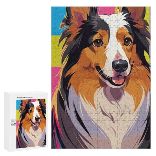 Ein fröhlicher Hund mit bunten Streifen im Hintergrund. 300 Teile Tierpuzzle aus Holz, klassisches Holzpuzzle für Erwachsene von Generisch