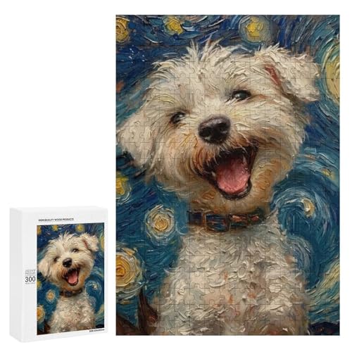 Ein fröhlicher Hund vor einem Sternennacht-Hintergrund. 300 Teile Tierpuzzle aus Holz, klassisches Puzzle für Erwachsene von Generisch