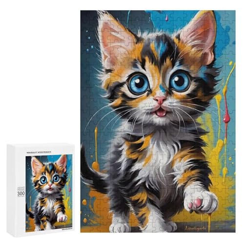 Ein niedliches Kätzchen, das in bunter Farbe spritzt. 300 Teile Tier-Puzzle aus Holz, klassisches Puzzle für Erwachsene von Generisch