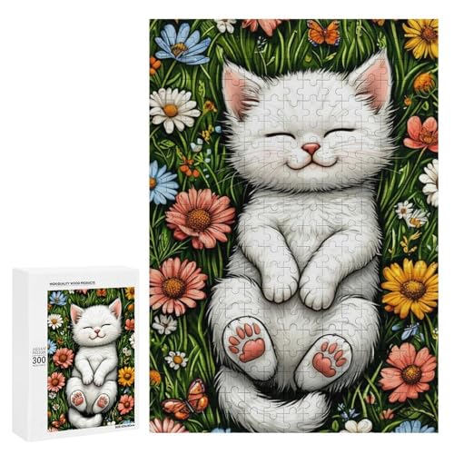 Ein niedliches Kätzchen, das in einem Feld mit bunten Blumen schläft. Klassisches Holzpuzzle für Erwachsene, 300 Teile Ein niedliches Kätzchen, das in einem Feld mit bunten Blumen schläft. Klassisches Holzpuzzle für Erwachsene, 300 Teile von Generisch