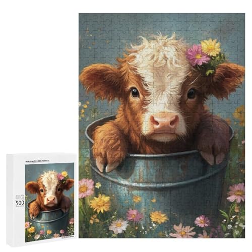 Ein niedliches Kalb, das in einem Eimer sitzt, umgeben von Blumen.-1 500-teiliges Tier-Puzzle aus Holz, klassisches Holzpuzzle für Erwachsene von Generisch