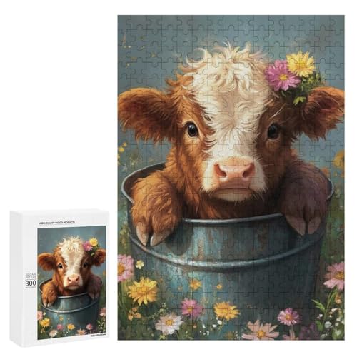 Ein niedliches Kalb, das in einem Eimer sitzt, umgeben von Blumen. 1300 Teile, klassisches Holzpuzzle für Erwachsene Ein niedliches Kalb, das in einem Eimer sitzt, umgeben von Blumen. 1300 Teile, klassisches Holzpuzzle für Erwachsene von Generisch