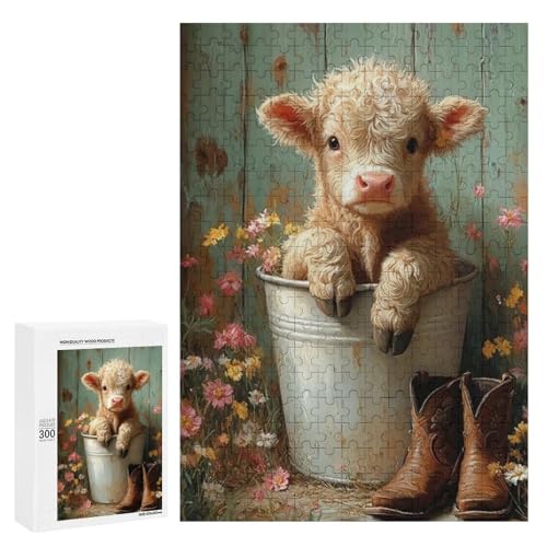 Ein niedliches Kalb, das in einem Eimer sitzt, umgeben von Blumen. Klassisches Holzpuzzle für Erwachsene mit 300 Teilen Ein niedliches Kalb, das in einem Eimer sitzt, umgeben von Blumen. Klassisches Holzpuzzle für Erwachsene mit 300 Teilen von Generisch