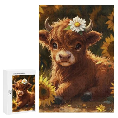 Ein niedliches Kalb sitzt unter Sonnenblumen. Klassisches Holzpuzzle für Erwachsene, 300 Teile von Generisch