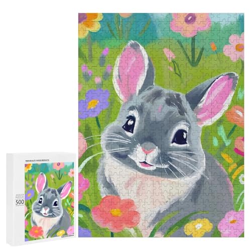 Ein niedliches Kaninchen umgeben von bunten Blumen 500 Teile Tier klassisches Holzpuzzle für Erwachsene von Generisch