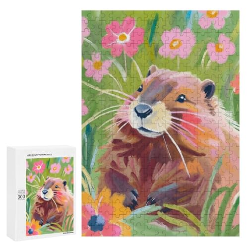 Ein niedliches Murmeltier umgeben von bunten Blumen. Klassisches Holzpuzzle für Erwachsene, 300 Teile von Generisch