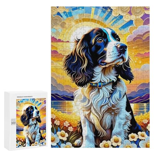 Ein schöner Hund sitzt in einem Blumenfeld unter einem bunten Himmel. Klassisches Holzpuzzle für Erwachsene mit 300 Teilen Ein schöner Hund sitzt in einem Blumenfeld unter einem bunten Himmel. Klassisches Holzpuzzle für Erwachsene mit 300 Teilen von Generisch