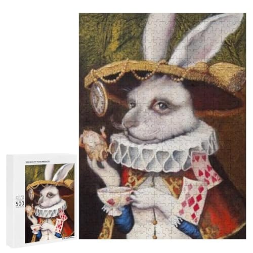 Ein skurriles Kaninchen in königlicher Kleidung hält eine Tasse und ein Stück Kuchen 500 Teile Tier klassisches Holzpuzzle für Erwachsene von Generisch