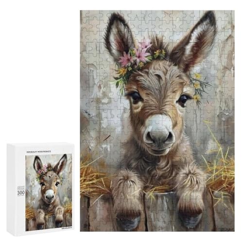 Ein süßer Esel mit Blumen auf dem Kopf. 300 Teile Tierpuzzle aus Holz, klassisches Puzzle für Erwachsene von Generisch