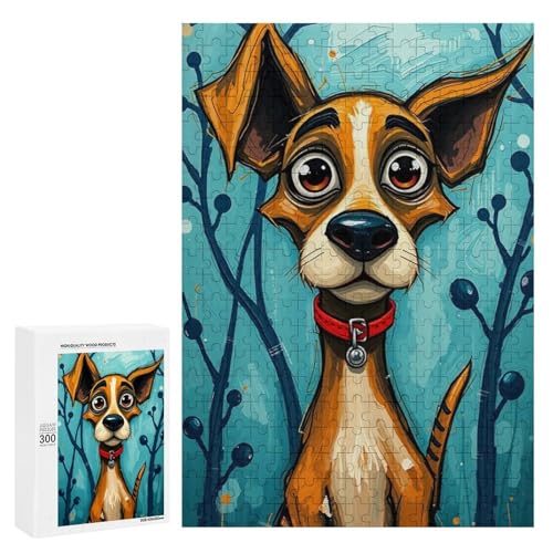 Ein süßer Hund mit großen Ohren, der vor einem blauen Hintergrund steht, 300 Teile Tier, klassisches Holzpuzzle für Erwachsene von Generisch