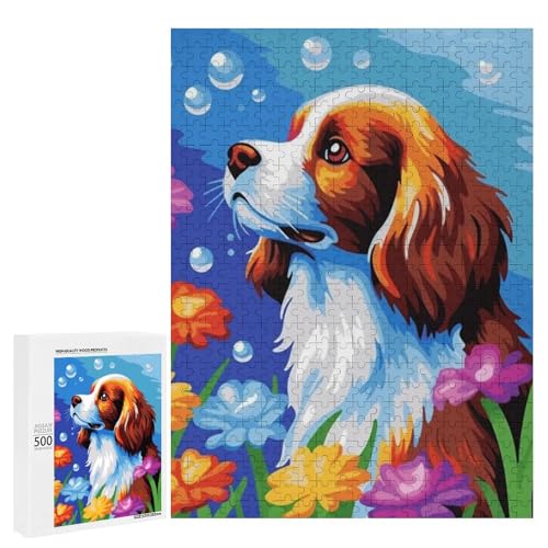 Ein süßer Hund umgeben von bunten Blumen. 1 x 500 Teile Tierpuzzle aus Holz, klassisches Holzpuzzle für Erwachsene Ein süßer Hund umgeben von bunten Blumen. 1 x 500 Teile Tierpuzzle aus Holz, klassisches Holzpuzzle für Erwachsene von Generisch