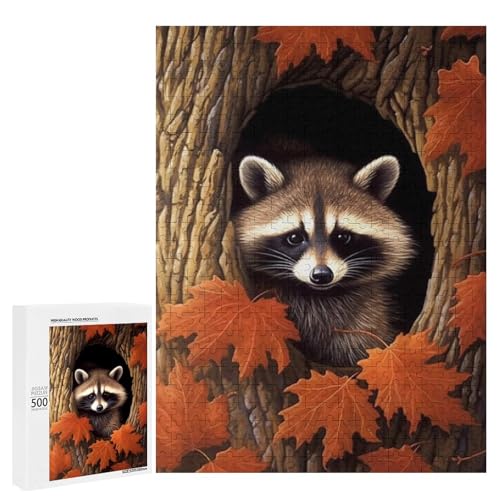 Ein süßer Waschbär guckt aus einem Baumhohl umgeben von Herbstblättern, 500 Teile Tier, klassisches Holzpuzzle für Erwachsene Ein süßer Waschbär guckt aus einem Baumhohl umgeben von Herbstblättern, 500 Teile Tier, klassisches Holzpuzzle für Erwachsene von Generisch
