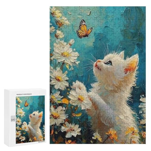 Ein süßes Kätzchen, das einen Schmetterling bewundert. Klassisches Holzpuzzle für Erwachsene, 300 Teile von Generisch
