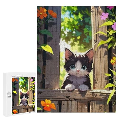 Ein süßes Kätzchen schaut durch einen Holzzaun, umgeben von lebendigen Blumen, 500 Teile Tier, klassisches Holzpuzzle für Erwachsene von Generisch