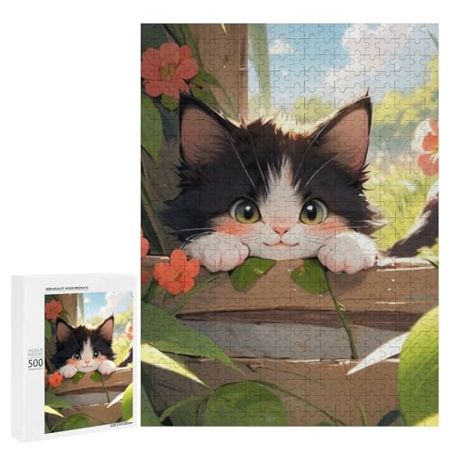 Ein süßes Kätzchen schaut hinter der Fensterbank heraus, umgeben von lebendigen Blumen. 500 Teile Tierpuzzle aus Holz, klassisches Holzpuzzle für Erwachsene von Generisch
