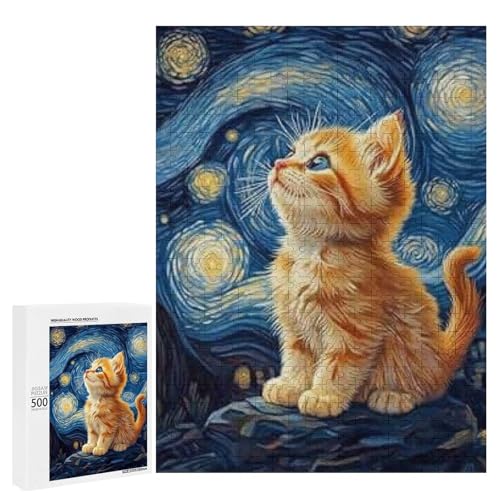 Ein süßes Kätzchen unter dem Sternenhimmel, 500 Teile Tier, klassisches Holzpuzzle für Erwachsene von Generisch