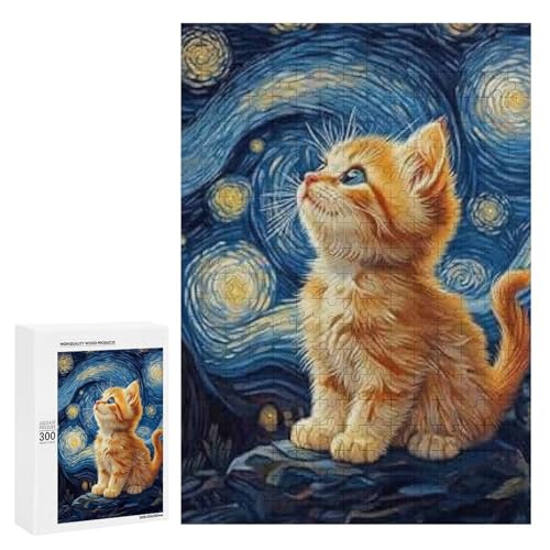 Ein süßes Kätzchen unter dem Sternenhimmel. 300 Teile Tierpuzzle aus Holz, klassisches Puzzle für Erwachsene von Generisch