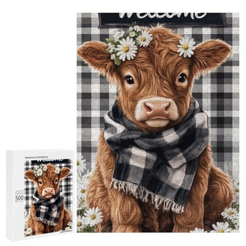 Ein süßes Kalb, das einen Blumenkranz und einen karierten Schal trägt, sitzt inmitten von Gänseblümchen, 500 Teile Tier, klassisches Holzpuzzle für Erwachsene Ein süßes Kalb, das einen Blumenkranz und einen karierten Schal trägt, sitzt inmitten von Gänseblümchen, 500 Teile Tier, klassisches Holzpuzzle für Erwachsene von Generisch