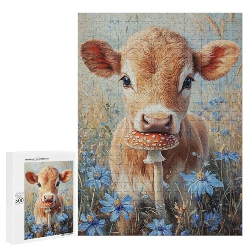 Ein süßes Kalb mit einem Pilz im Mund inmitten blauer Blumen 500 Teile Tier Classic Holzpuzzle für Erwachsene von Generisch