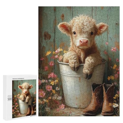Ein süßes Kalb sitzt in einem Eimer umgeben von Blumen 500 Teile Tier Classic Holzpuzzle für Erwachsene von Generisch
