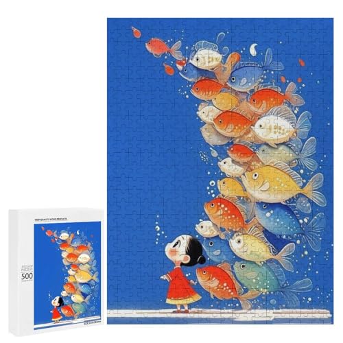 Ein süßes Mädchen, das eine Schule bunter Fische bewundert, 500 Teile Tier, klassisches Holzpuzzle für Erwachsene von Generisch