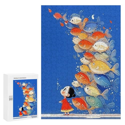 Ein süßes Mädchen, das eine Schule bunter Fische bewundert. Klassisches Holzpuzzle für Erwachsene, 300 Teile von Generisch