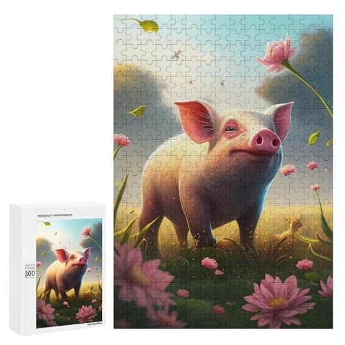 Ein süßes Schwein in einem Blumenfeld. 300 Teile Tierpuzzle aus Holz, klassisches Puzzle für Erwachsene von Generisch