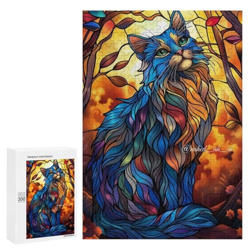 Eine Buntglas-Katze sitzt inmitten Herbstblättern. Klassisches Holzpuzzle für Erwachsene mit 300 Teilen Eine Buntglas-Katze sitzt inmitten Herbstblättern. Klassisches Holzpuzzle für Erwachsene mit 300 Teilen von Generisch