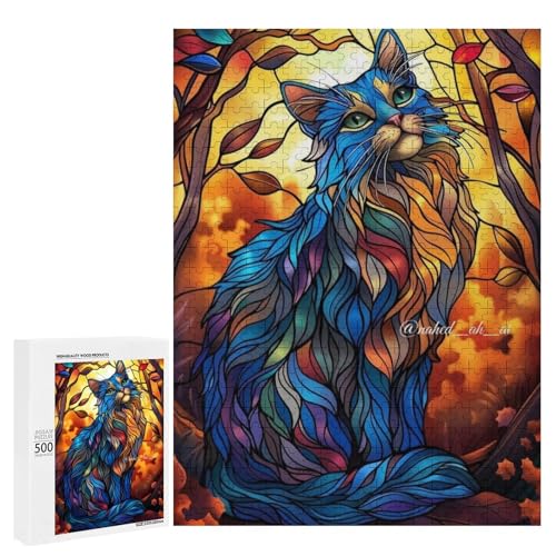 Eine Buntglaskatze sitzt inmitten Herbstblätter.500 Teile Tier Klassisches Holzpuzzle für Erwachsene Eine Buntglaskatze sitzt inmitten Herbstblätter.500 Teile Tier Klassisches Holzpuzzle für Erwachsene von Generisch