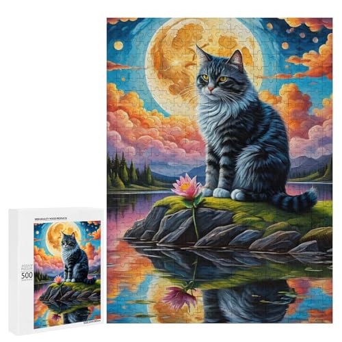 Eine Katze, die auf einem Felsen am See unter einem Vollmond sitzt, 500 Teile Tier, klassisches Holzpuzzle für Erwachsene Eine Katze, die auf einem Felsen am See unter einem Vollmond sitzt, 500 Teile Tier, klassisches Holzpuzzle für Erwachsene von Generisch