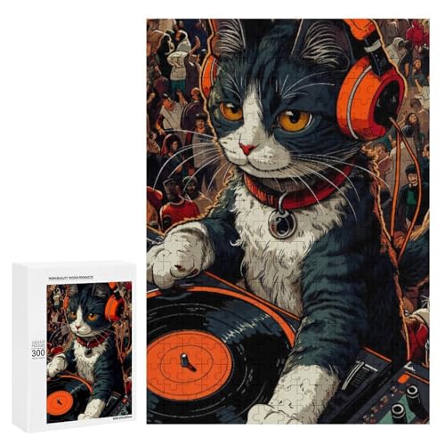 Eine Katze DJing vor einer begeisterten Menge. 300 Teile Tierpuzzle aus Holz, klassisches Holzpuzzle für Erwachsene von Generisch