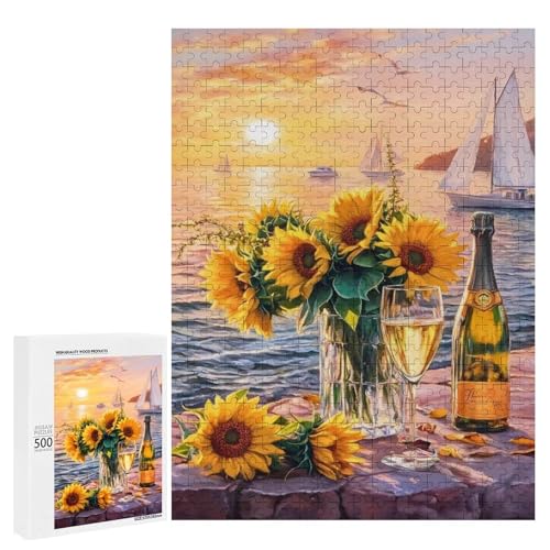Eine Stilllebensszene mit Sonnenblumen, Champagner und einem Sonnenuntergang am Meer, 500 Teile Tier, klassisches Holzpuzzle für Erwachsene von Generisch